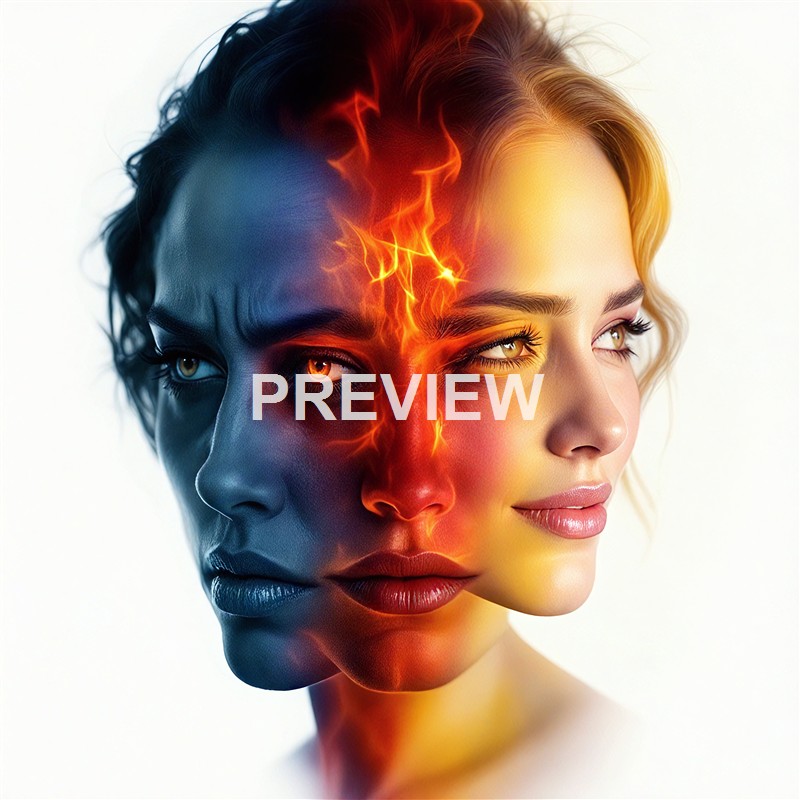 A digitally manipulated image of a woman's face divided into two halves, with one side showing a cool blue tone and the other side a warm golden tone, with lightning and fire effects running through the center.
